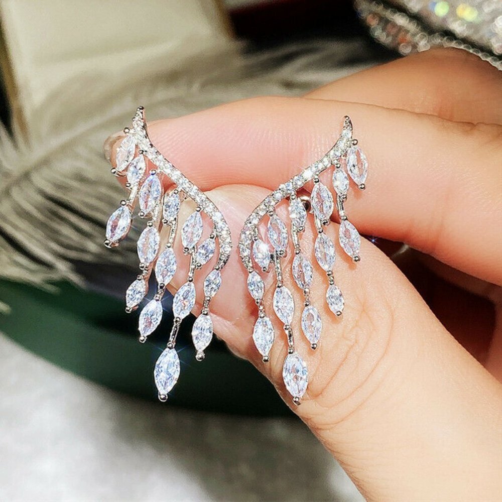 925 Sterling Silver Diamond Angel Wings Earrings